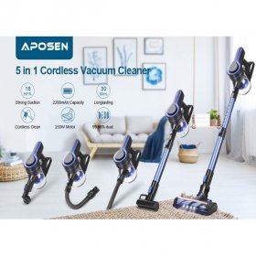 APOSEN Cordless Vacuum Cleaner Upgraded Powerful Suction 24000pa Stick Vacuum 5 in 1 with 250W Powerful Brushless Motor Detachable Battery Lightweight Quiet for Home Car Pet Hair H251,BLUE