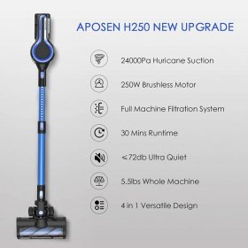 Cordless Vacuum Cleaner 250W Brushless Motor 24KPa Powerful Suction 4 in 1 Stick Vacuum for Home Hard Floor Carpet Car Pet Blue