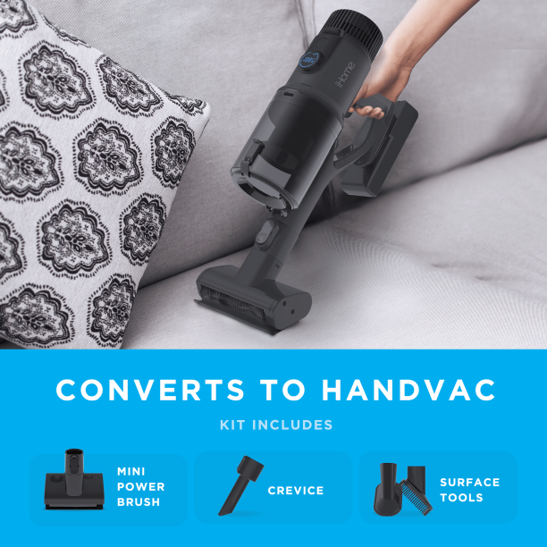 iHome StickVac SV2 Lightweight Cordless Vacuum Cleaner with Strong Suction LED Lighting 4 -in-1 Converts to HandVac Long Lasting Battery